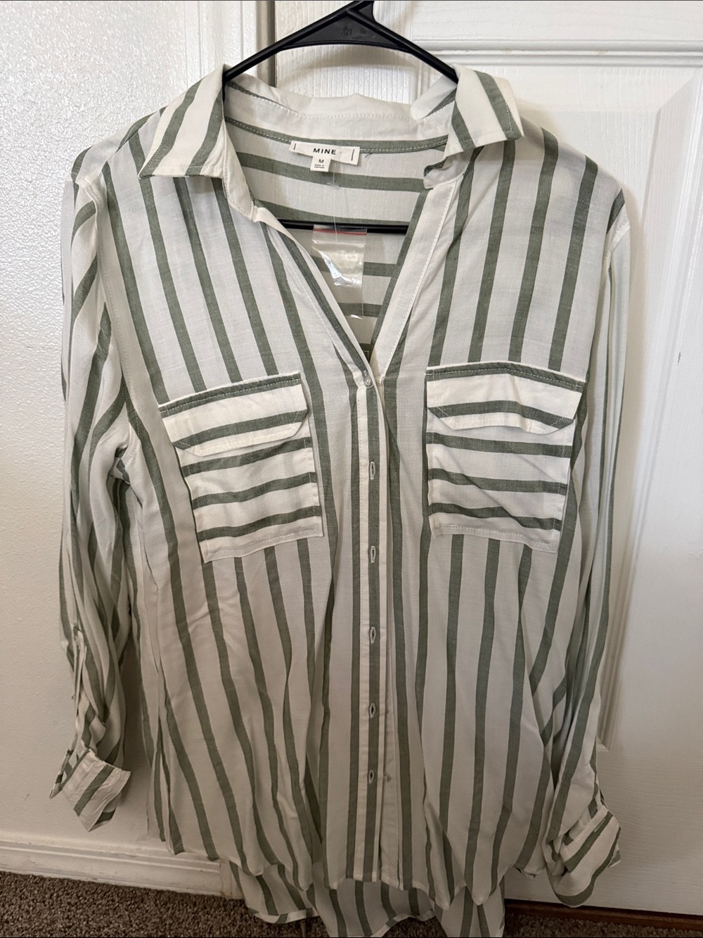 mine Striped Button-Up Shirt in Sage and White